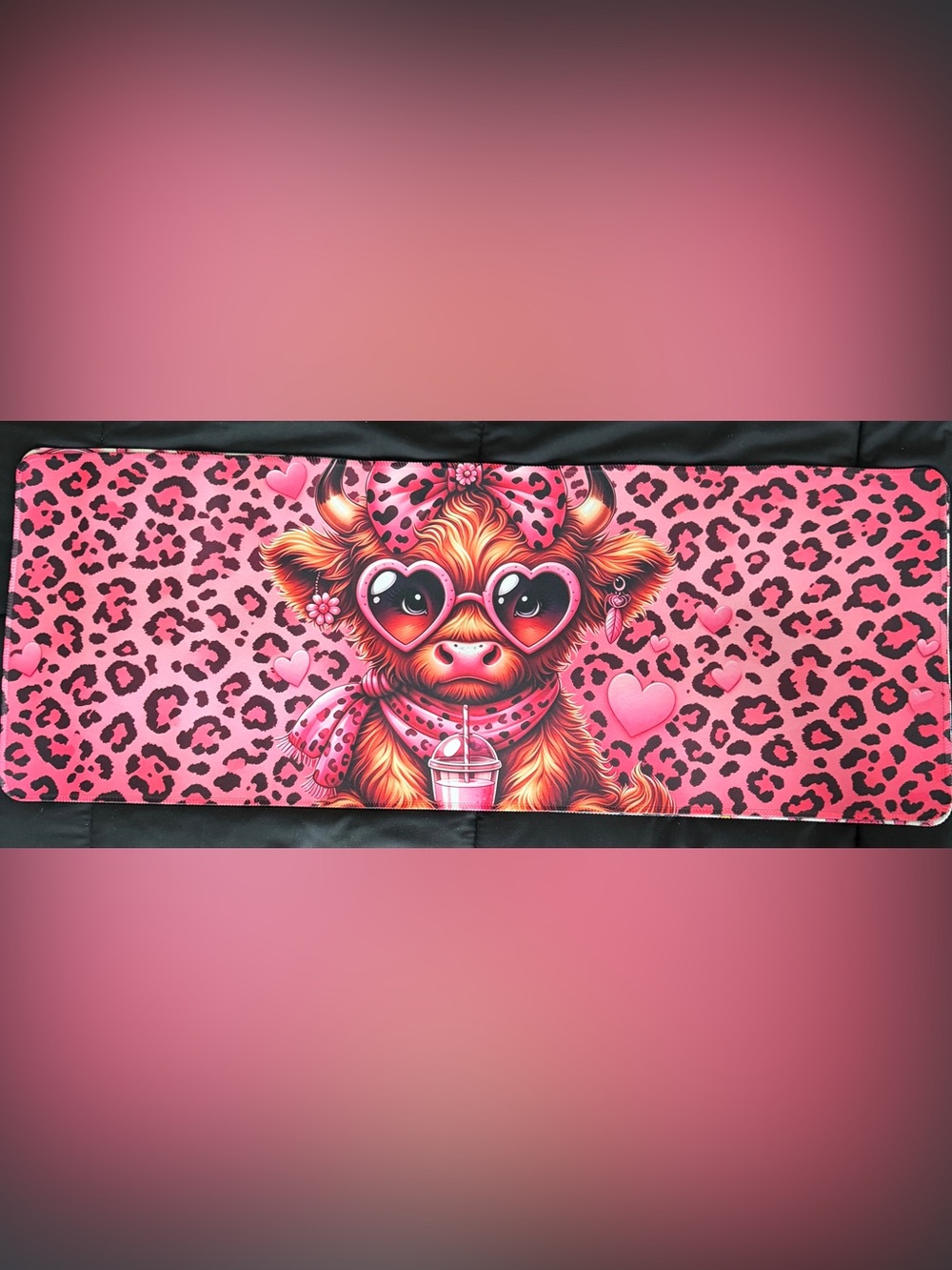 Pink Heart Sunglasses Highland Cow Print keyboard mat